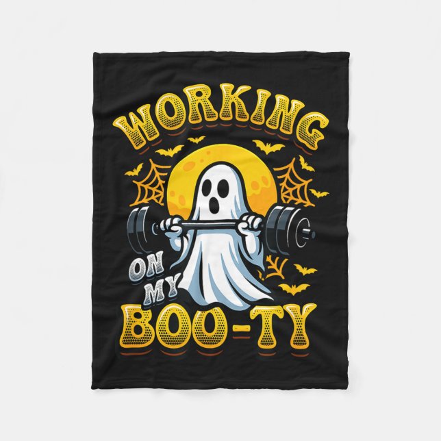 Funny halloween workout gym ghost weightlifting  fleece blanket (Front)