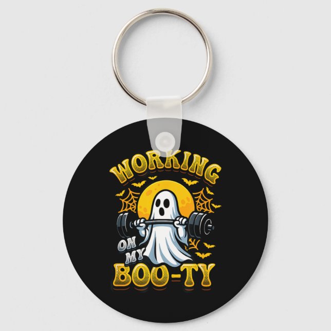 Funny Halloween Workout Gym Ghost Weightlifting Key Ring (Front)