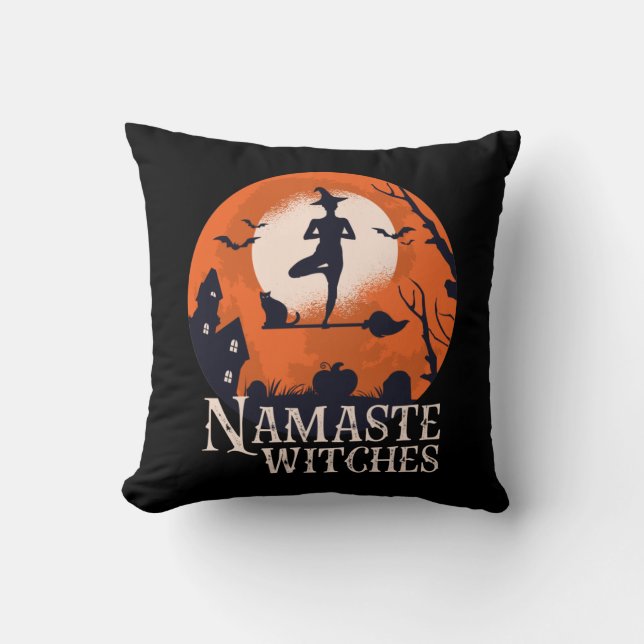 Funny Halloween Yoga Lover Namaste Witches Cushion (Front)