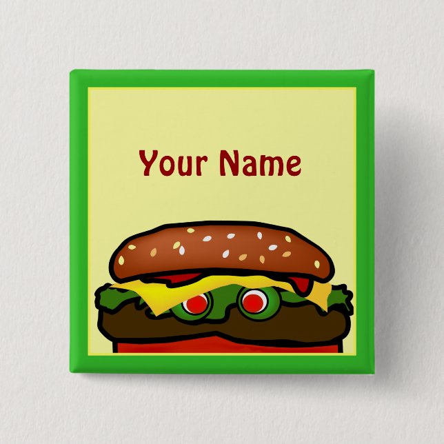 Funny Hamburger Picnic Name Tag Button (Front)