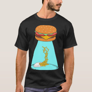 Funny hamburger UFO flying saucer abducting fries  T-Shirt