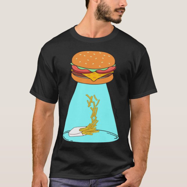 Funny hamburger UFO flying saucer abducting fries  T-Shirt (Front)