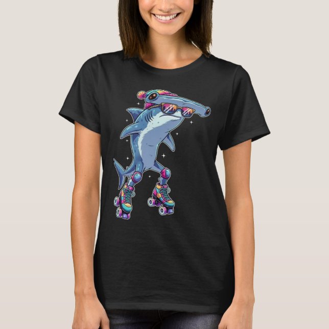 Funny Hammerhead Shark on Roller Skates Cool Skate T-Shirt (Front)