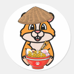 Funny hamster is eating noodles classic round sticker