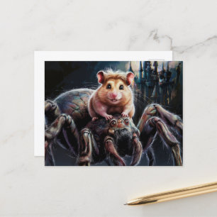 Funny hamster riding a giant spider fantasy castle postcard
