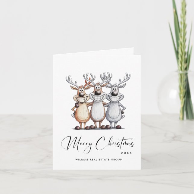 Funny Hand Drawn Christmas Reindeers Corporate Holiday Card (Front)