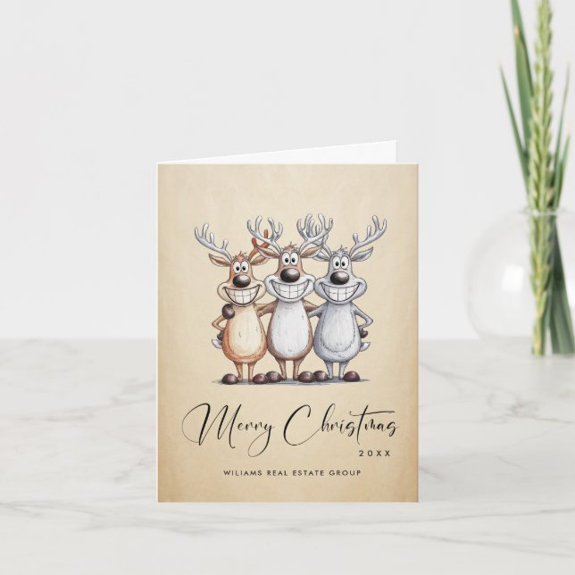 Funny Hand Drawn Christmas Reindeers Corporate Holiday Card (Front)