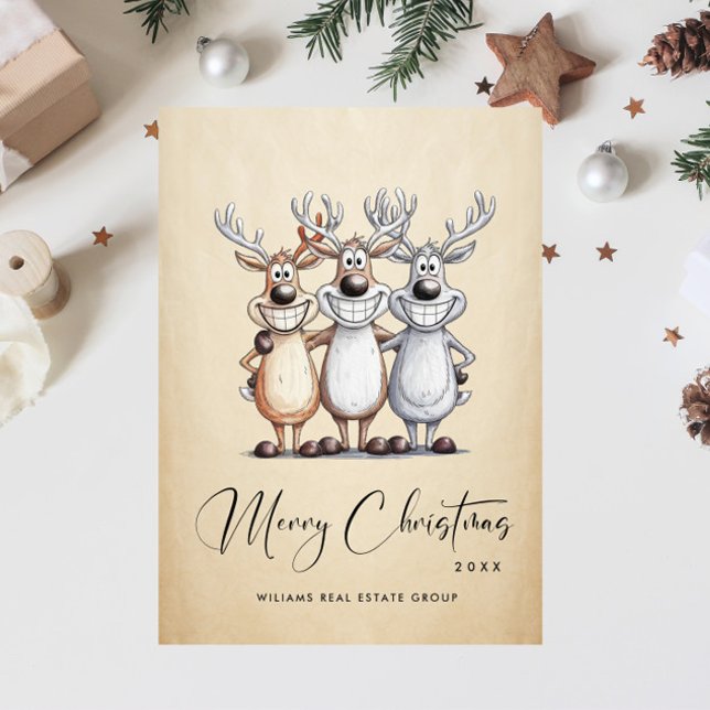 Funny Hand Drawn Christmas Reindeers Corporate Holiday Card (Creator Uploaded)