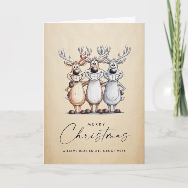 Funny Hand Drawn Christmas Reindeers Corporate Holiday Card (Front)