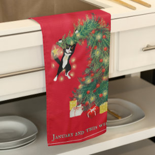 Funny Hang In There Cat in Christmas Tree Tea Towel