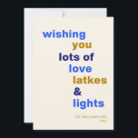 Funny Hanukkah Love Latkes Lights Blue Custom Holiday Card<br><div class="desc">Celebrate the Festival of Lights with a smile using this funny Hanukkah holiday card, featuring the playful phrase Love Latkes and Lights on a cheerful blue background. Customisable and full of festive spirit, this card is perfect for sharing holiday joy with a humourous twist. Whether you're sending warm wishes to...</div>