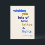 Funny Hanukkah Love Latkes Lights Blue Custom Holiday Card<br><div class="desc">Celebrate the Festival of Lights with a smile using this funny Hanukkah holiday card, featuring the playful phrase Love Latkes and Lights on a cheerful blue background. Customisable and full of festive spirit, this card is perfect for sharing holiday joy with a humourous twist. Whether you're sending warm wishes to...</div>