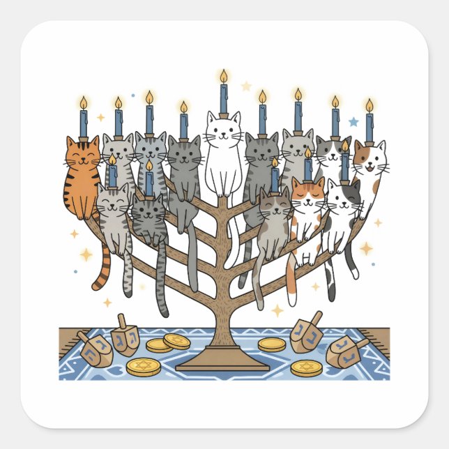 Funny Hanukkah Meowzel Cats Menorah Square Sticker (Front)