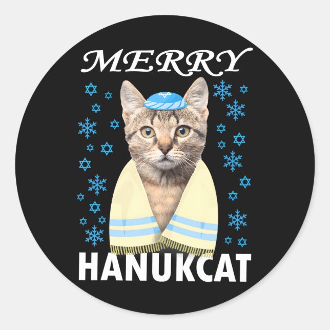 Funny Hanukkah Merry Hanukcat Hanukkah Christmas Classic Round Sticker (Front)