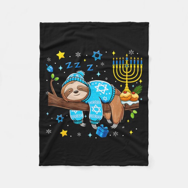 Funny Hanukkah Sloth Jewish Chanukah Sleeng Hanukk Fleece Blanket (Front)
