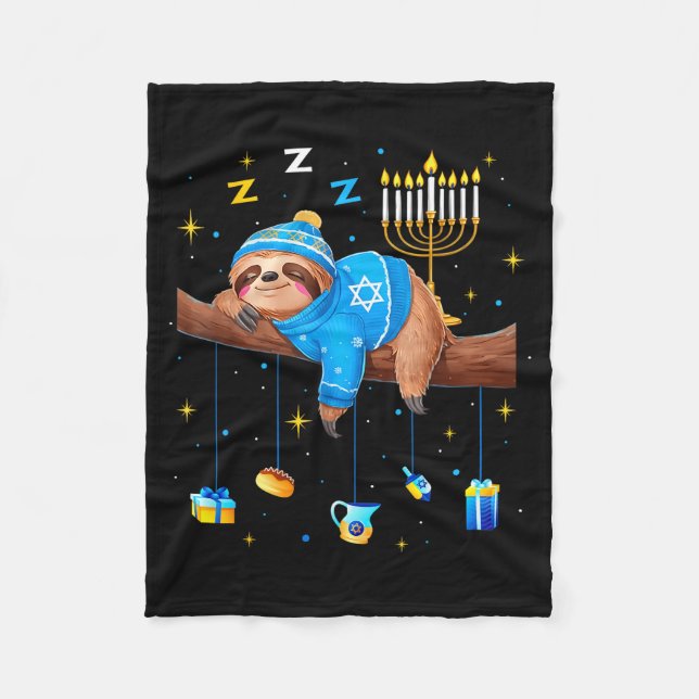 Funny Hanukkah Sloth Jewish Chanukah Sleeng Hanukk Fleece Blanket (Front)