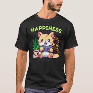 Funny Happiness Gamer Cat Plants Gaming & Doughnut T-Shirt