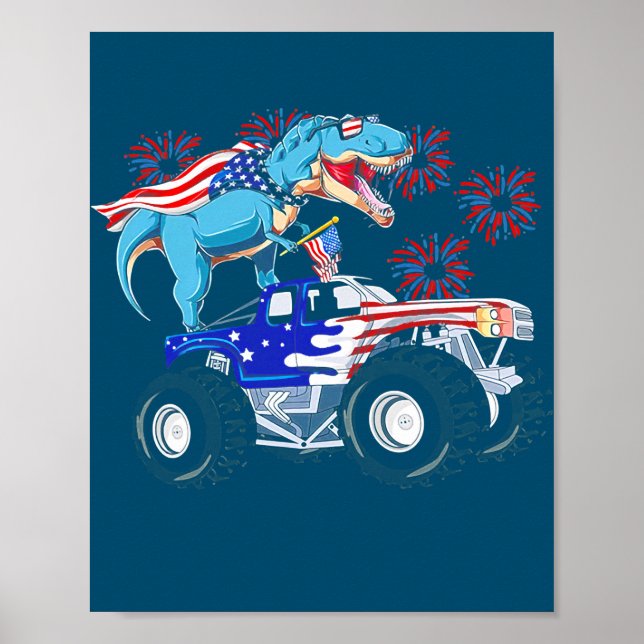 Funny Happy 4th Of July Dinosaur Monster Truck T Poster (Front)