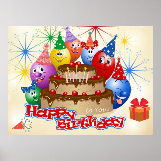 Funny Happy Birthday Balloons and Chocolate Cake  Poster (Front)