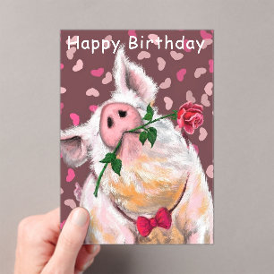 Funny Happy Birthday Card Gentleman Pig with Rose Acrylic Invitations