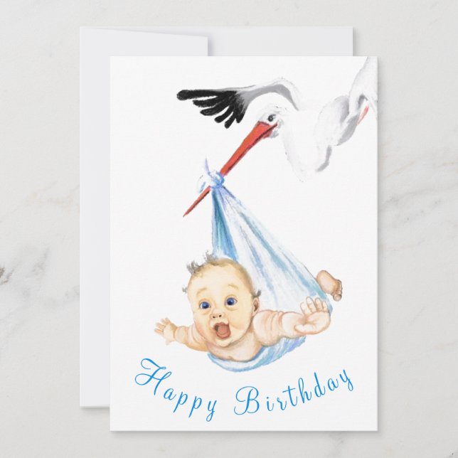 Funny Happy Birthday Card Stork Carrying Baby (Front)