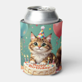 Funny happy birthday cat can cooler