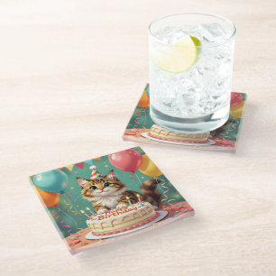 Funny happy birthday cat glass coaster