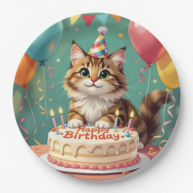 Funny happy birthday cat paper plate (Front)