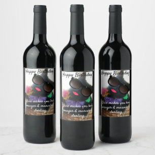 Funny Happy Birthday Cat Photo Humour Wine Label