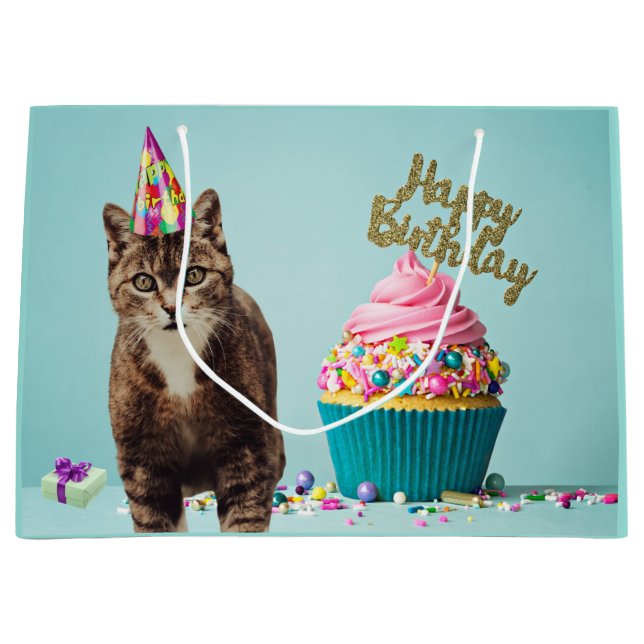 Funny Happy Birthday Cat with Cupcake Large Gift Bag (Front)