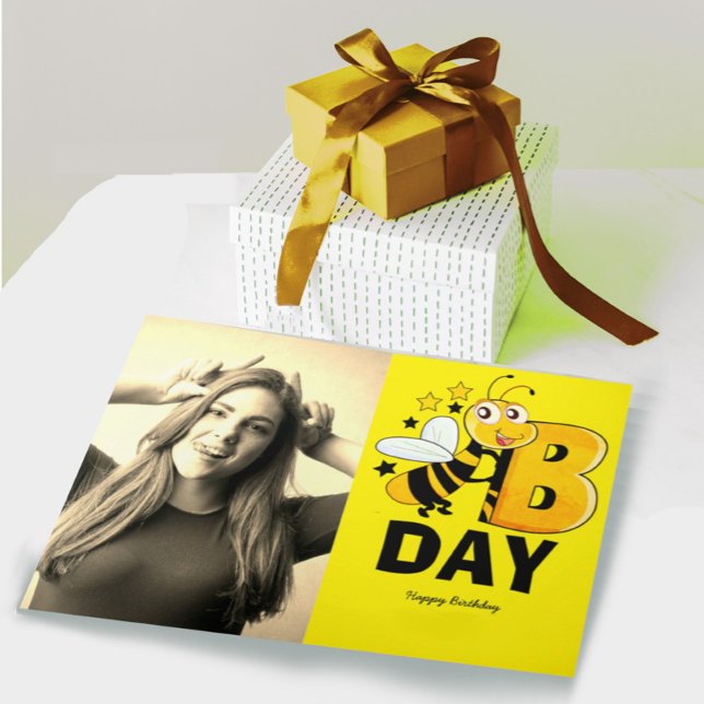 Funny happy birthday photo greeting card (Funny Happy Birthday  Bee Pun, with custom greeting message and photo.)