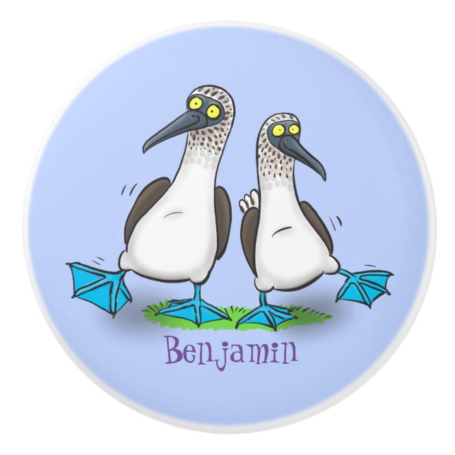 Funny, happy blue footed boobies dancing cartoon ceramic knob (Front)