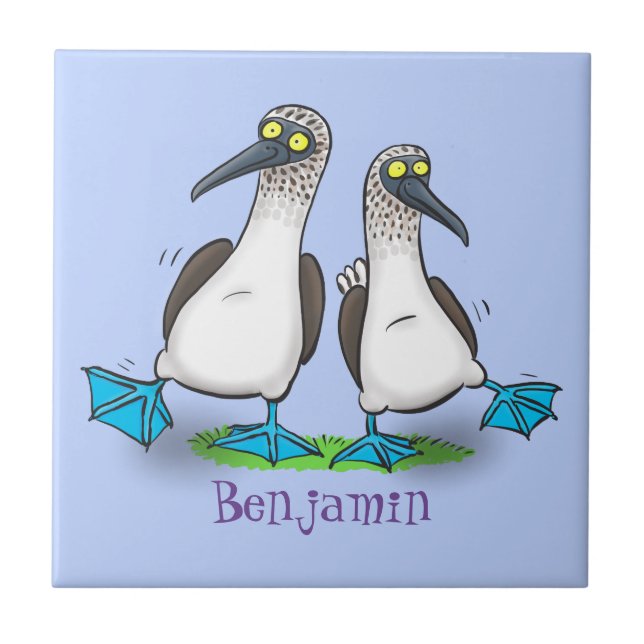 Funny, happy blue footed boobies dancing cartoon ceramic tile (Front)