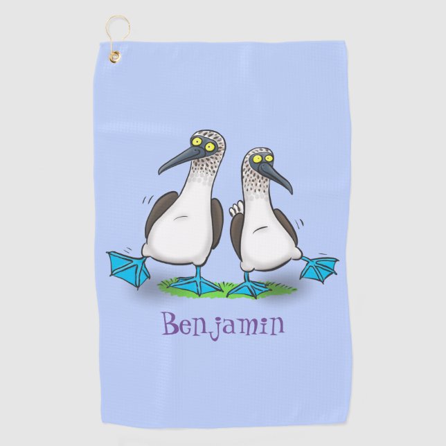 Funny, happy blue footed boobies dancing cartoon  golf towel (Front)