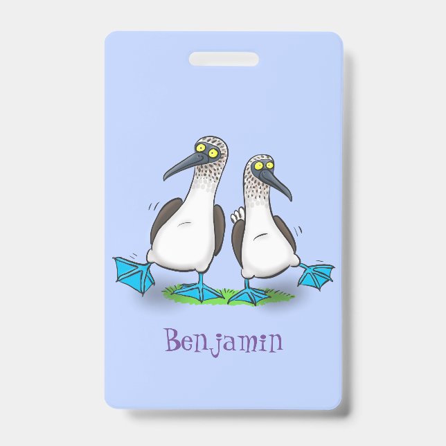 Funny, happy blue footed boobies dancing cartoon ID badge (Front)