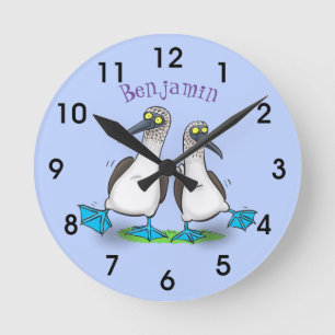 Funny, happy blue footed boobies dancing cartoon round clock