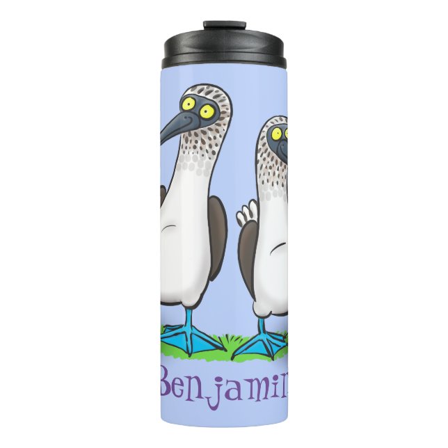 Funny, happy blue footed boobies dancing cartoon thermal tumbler (Front)