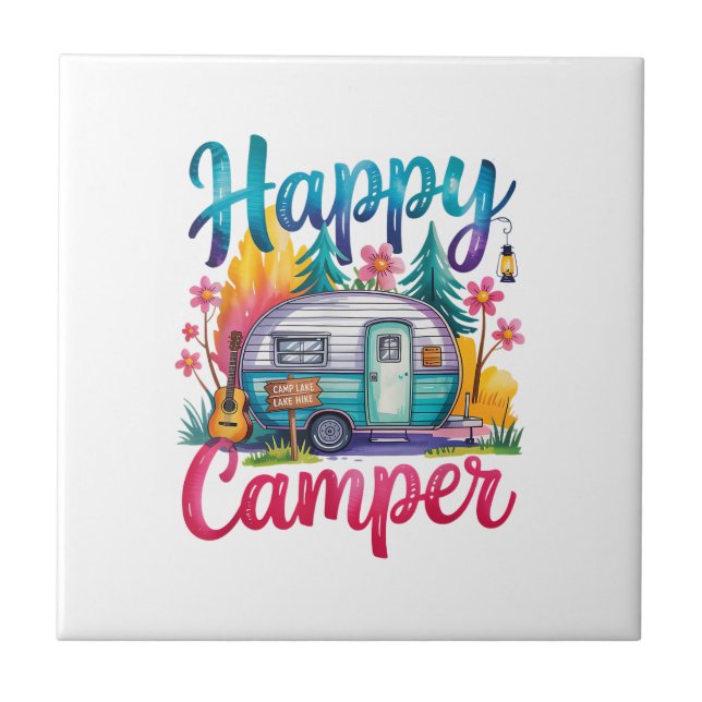Funny Happy Camper Camping Apparel Trailer RV Kids Ceramic Tile (Front)