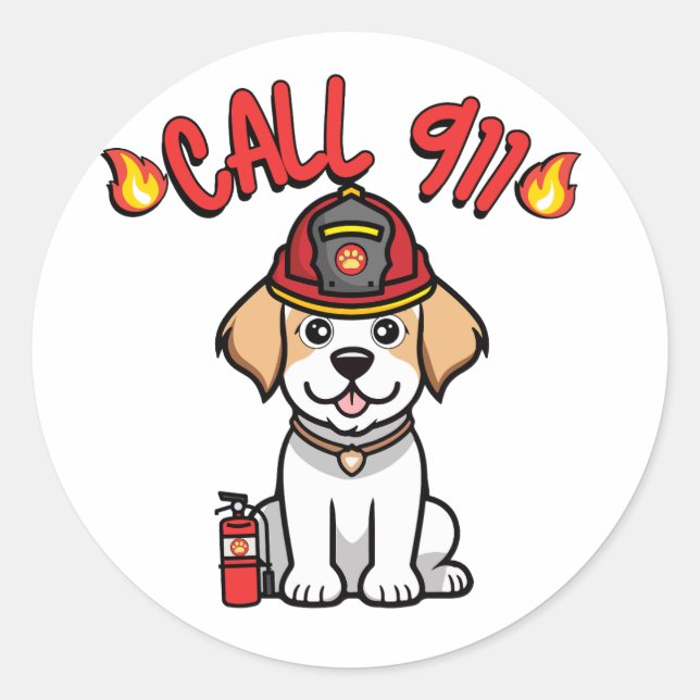 Funny Happy dog is a firefighter  Classic Round Sticker (Front)