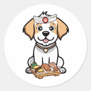 Funny happy dog is a sushi chef classic round sticker