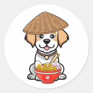 Funny happy dog is eating noodles classic round sticker
