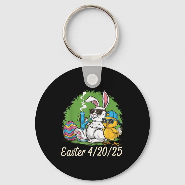 Funny Happy Easter Bunny Chick Smoking Weed  Key Ring (Front)