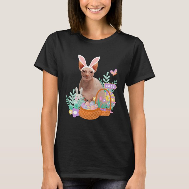 Funny happy easter sphynx cat bunny eggs basket ra T-Shirt (Front)