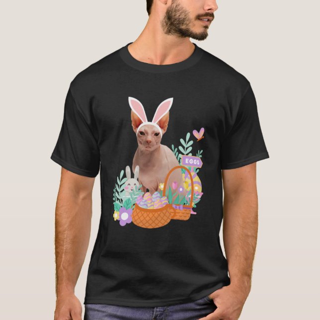 Funny happy easter sphynx cat bunny eggs basket ra T-Shirt (Front)
