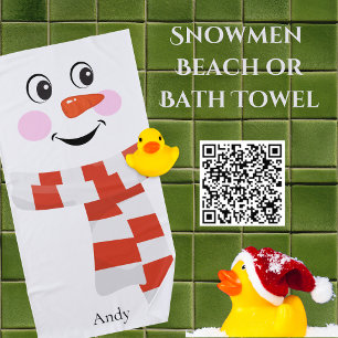 Funny Happy Face Snowman Christmas Beach Towel