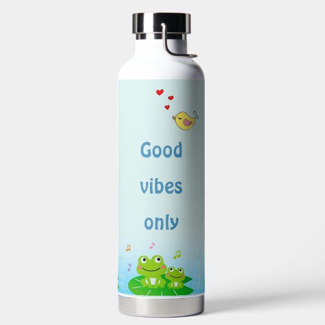 Funny Happy Frogs and Good Vibes Only Text Water Bottle (Left)