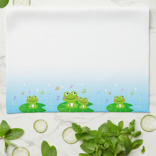 Funny Happy Frogs on Light Blue Gradient Tea Towel (Folded)
