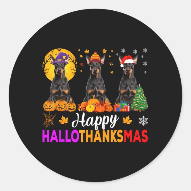 Funny Happy Hallothanksmas Doberman Dog Halloween Classic Round Sticker (Front)