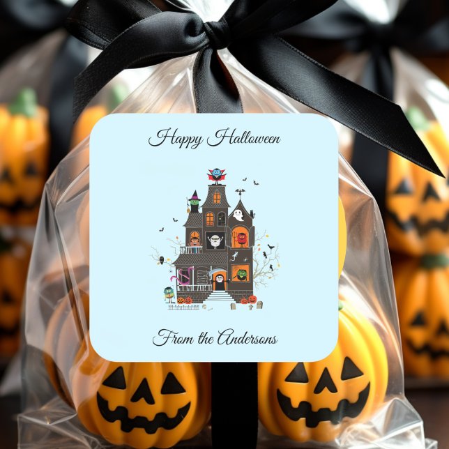 Funny Happy Halloween Haunted House People Square Sticker (Creator Uploaded)