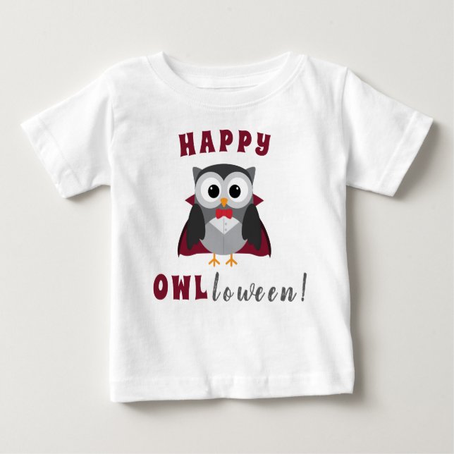 Funny Happy Halloween Owl Vampire Trick or Treat Baby T-Shirt (Front)
